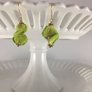 Handmade Earrings Spiral Twist Green/Pink Gold Plated Glass Lamp Work Glass